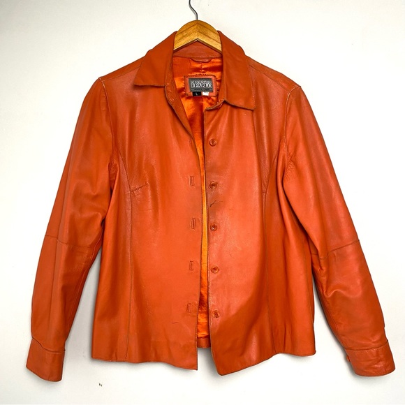 Sold‼️Vintage Orange Button Front Leather Shirt Jacket 70's - Picture 10 of 14